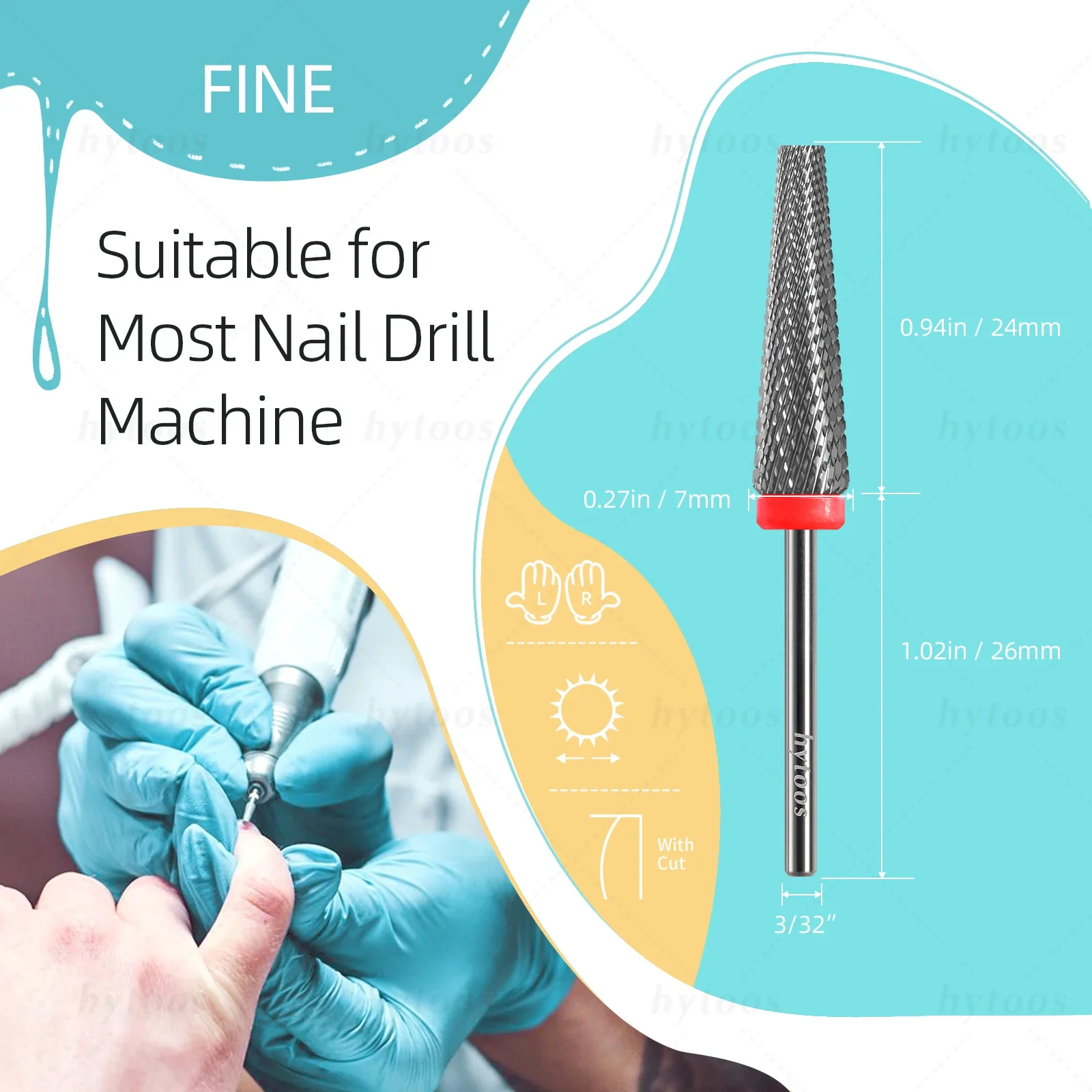 HYTOOS 5-in-1-Nagelbohrer mit flacher Oberseite, 24 mm lang, konische Hartmetall-Nagelbits, elektrisches Bohrzubehör, Gel-Nagellack-Entfernungswerkzeug