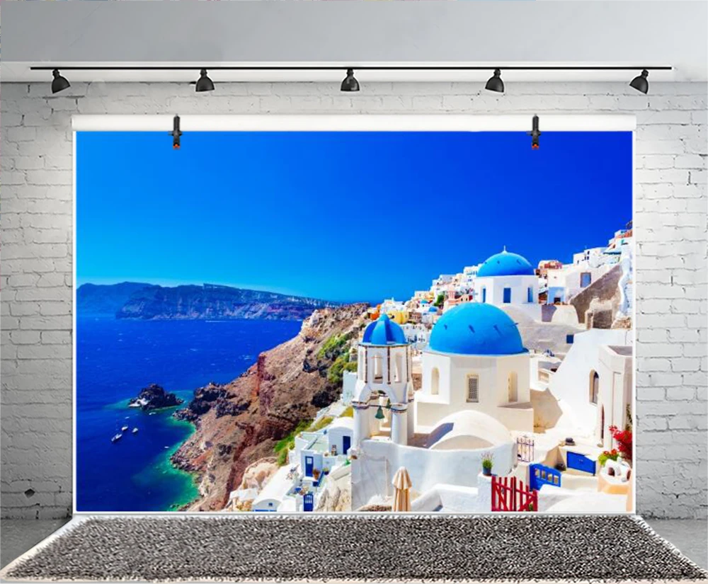 Fabric Greece Backdrop Party Decoration European Town Santorini Island Oia Village Wall Banner Background for Photography Props