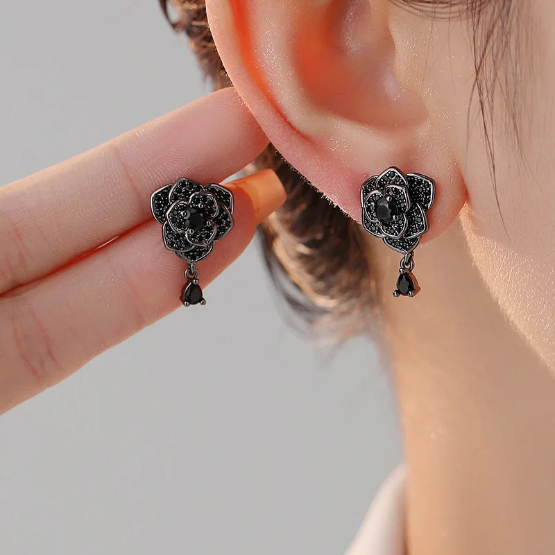 Antique Black Zircon Rose Flower Stud Earrings For Women Black Gold Color Water Drop Pendant Small Ear Studs Daily Party Jewelry