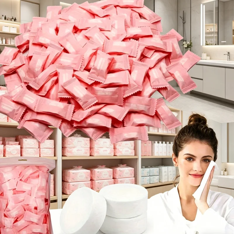 100-Pack Pink Disposable Compressed Face Towels for Hotel Travel, Portable Makeup Removal and Cleansing Towels, Round Disposable Face Towels, Travel Business Portable Small Square Cleansing Towels, Convenient to Use