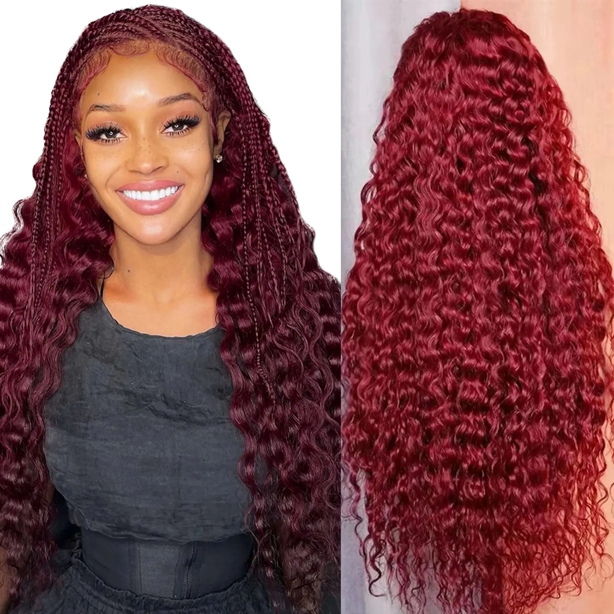 3B 3C #99J Deep Water Wave Lace Front Wigs Human Hair Pre Plucked Wig Burgundy for Women 200% Density 28 inch