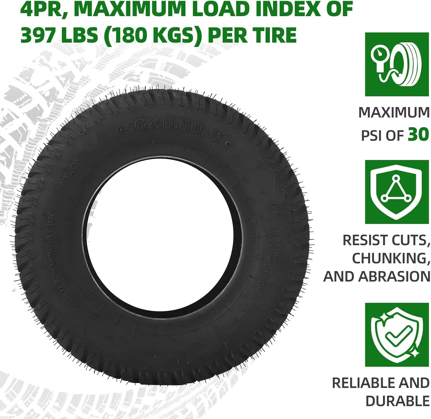 (2-Pack) 16x6.50-8 Tires - 4PR Durable Tubeless, Replacement Lawn Tractor Tires with Deep Ribbed Treads, Rim Not Included