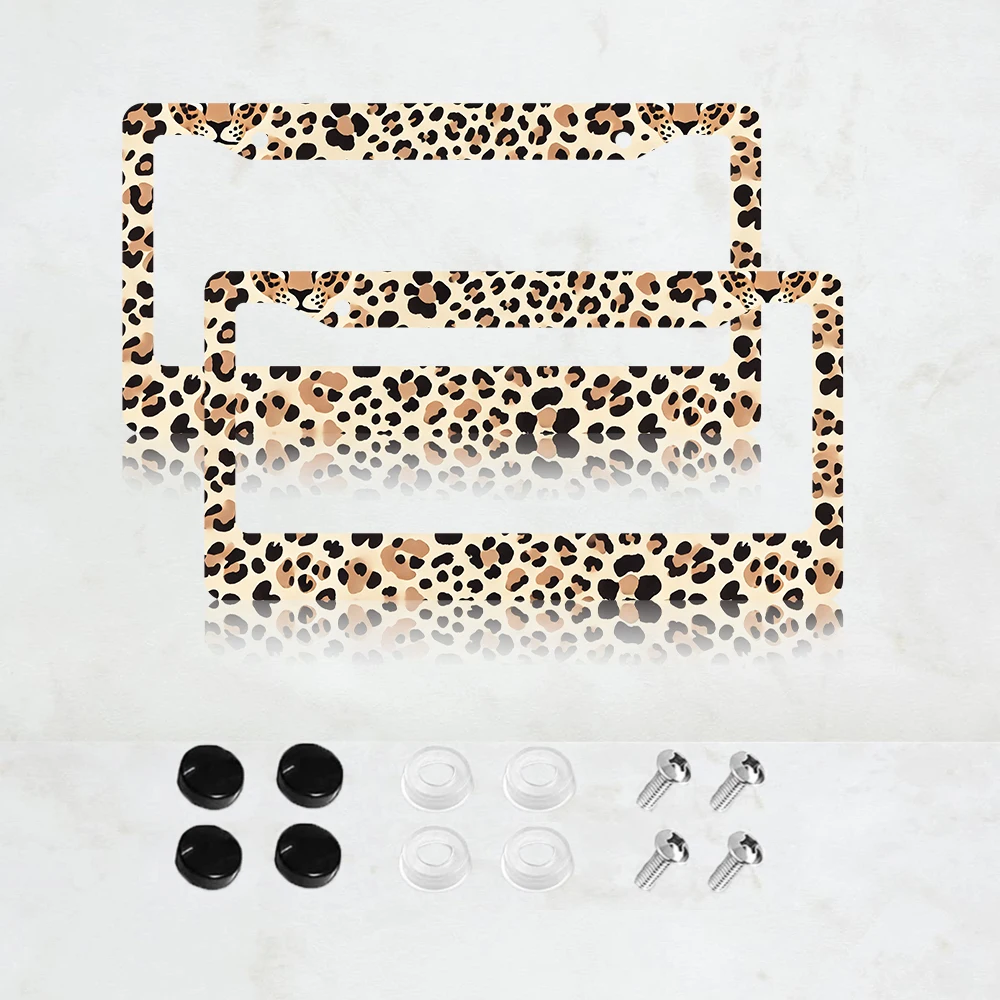 

2PC Brown Leopard Print License Plate Frame Cheetah Animal Aluminum License Plate Frame - 6 x 12 Inch US Standard Size