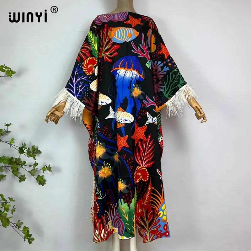 

2023 WINYI beach Dresses For Women fashion print one-neck Kaftan Clothes Sexy Boho Feather Sleeve Robe Evening Long dress