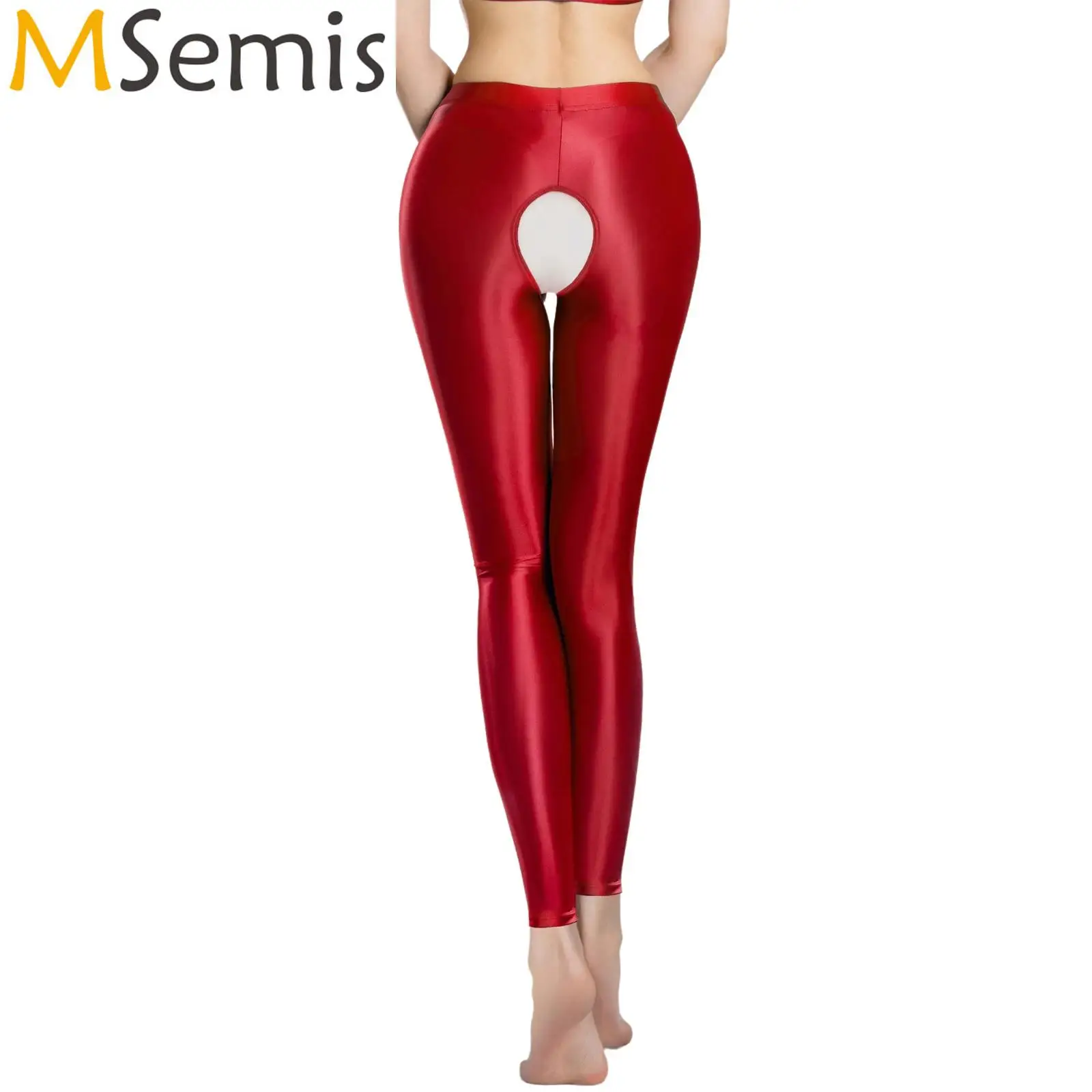 

Womens Lingerie Oil Glossy Open Crotch Leggings Good Stretchy Yoga Pants Slim Tights Long Pants for Gym Sports Nightclub Costume