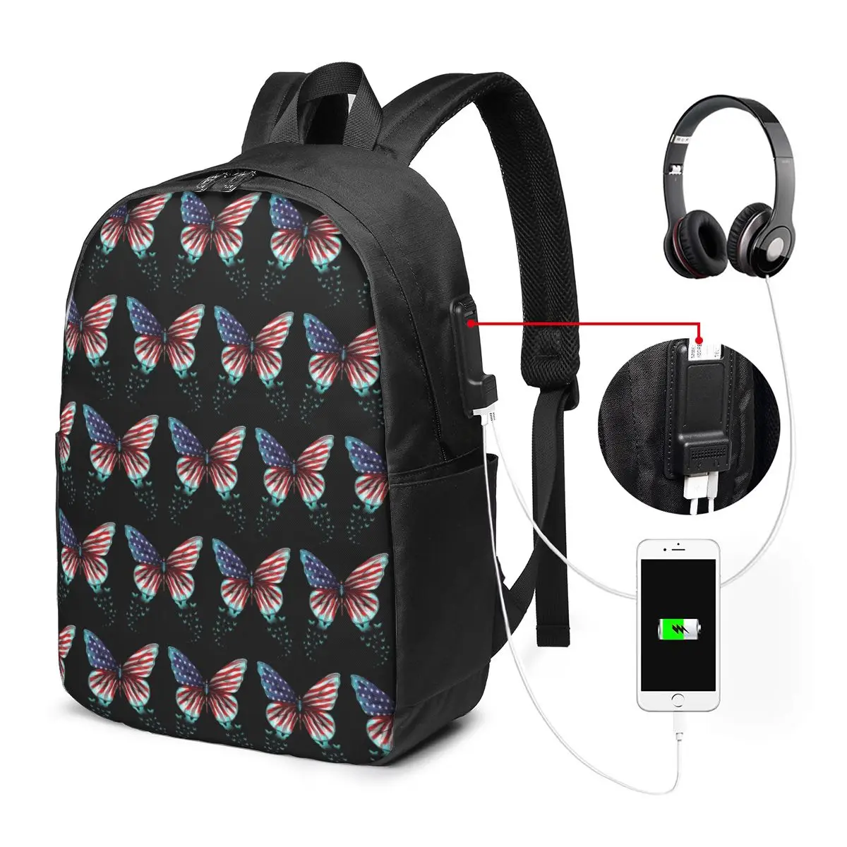 American Flag Butterfly Print Backpack Travel Notebook Bag Computer College Student School Bag Laptop Shoulder Bags Men Women