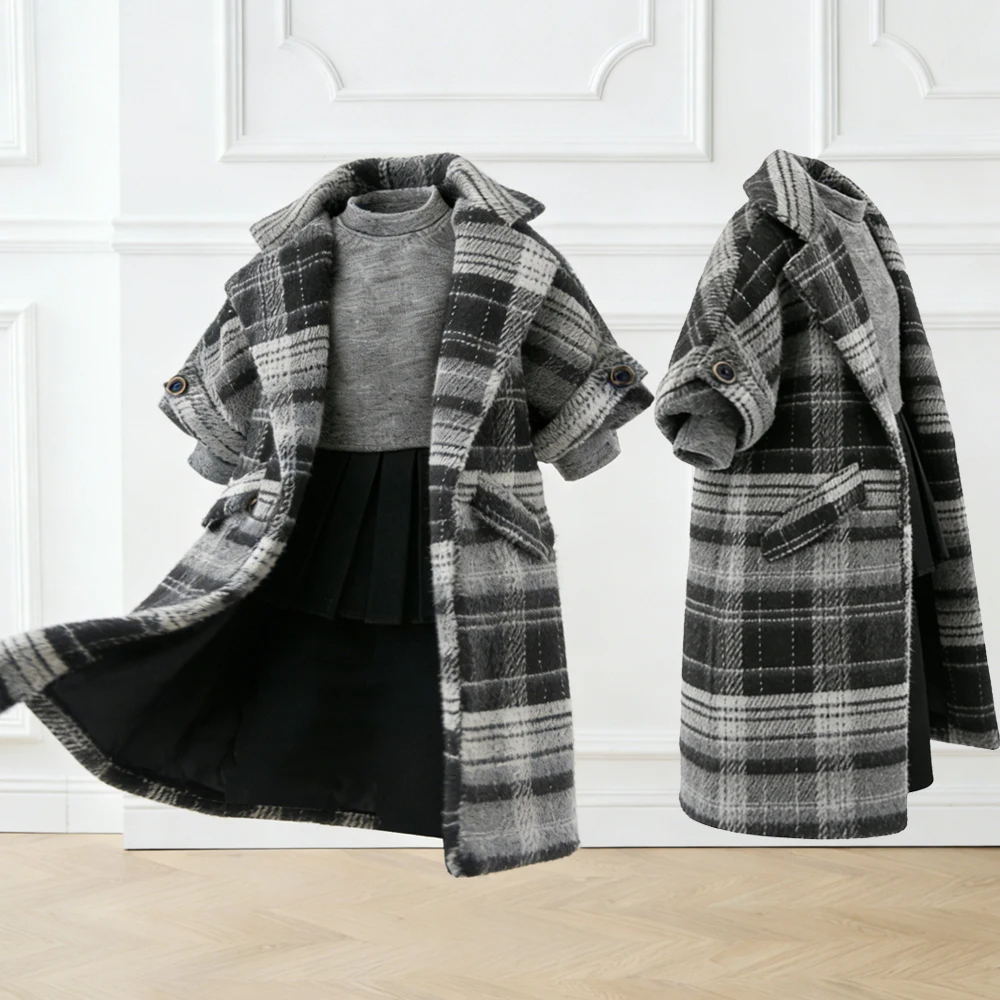 Retro Warm Winter Blyth Doll Clothes Long coat Plaid Woolen Oversized coat outfit for OB22 OB24 YMY Licca Azone Doll Accessories