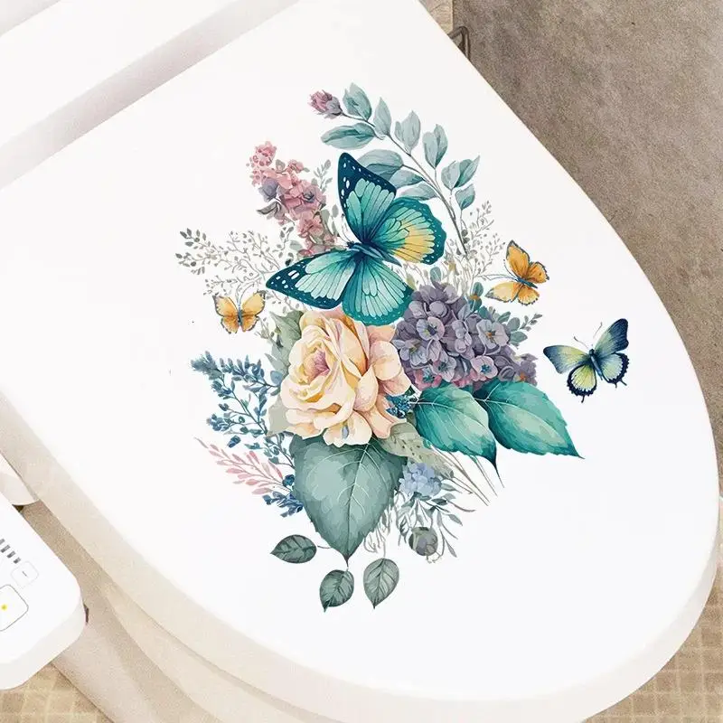 Kid-Friendly Flower Butterfly Toilet Sticker Waterproof Non-Toxic Removable Decal for Bathroom Decor