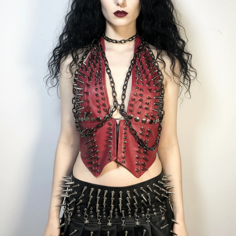 Goth Tops Punk Rock Clothes Spike Emo Clothing PU leather Black Teens Chain Spiked Rave Festival 80s Gothic Tank Y2K Grunge