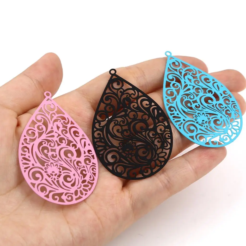 Bohemian Iron Alloy Filigree Stamping Pendants Drop Flower Hollow Filigree Painted Charms Women DIY Making Earrings Jewelry,5PCs