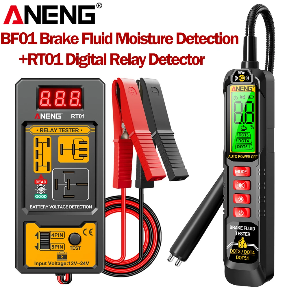 ANENG Brake Fluid Tester Handheld Oil Digital Display Screen Audible/Visual Alarm BF01+RT01 Digital Relay Detection Test Kit