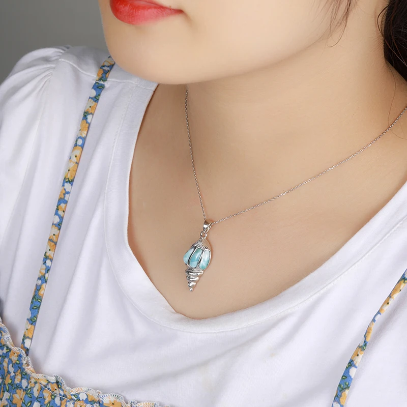 XYOP 925 Silver Gift Natural Blue Larimar Spiral Pendant 40+5cm Cross Necklace, Versatile Fine Absorption High Cost Performance