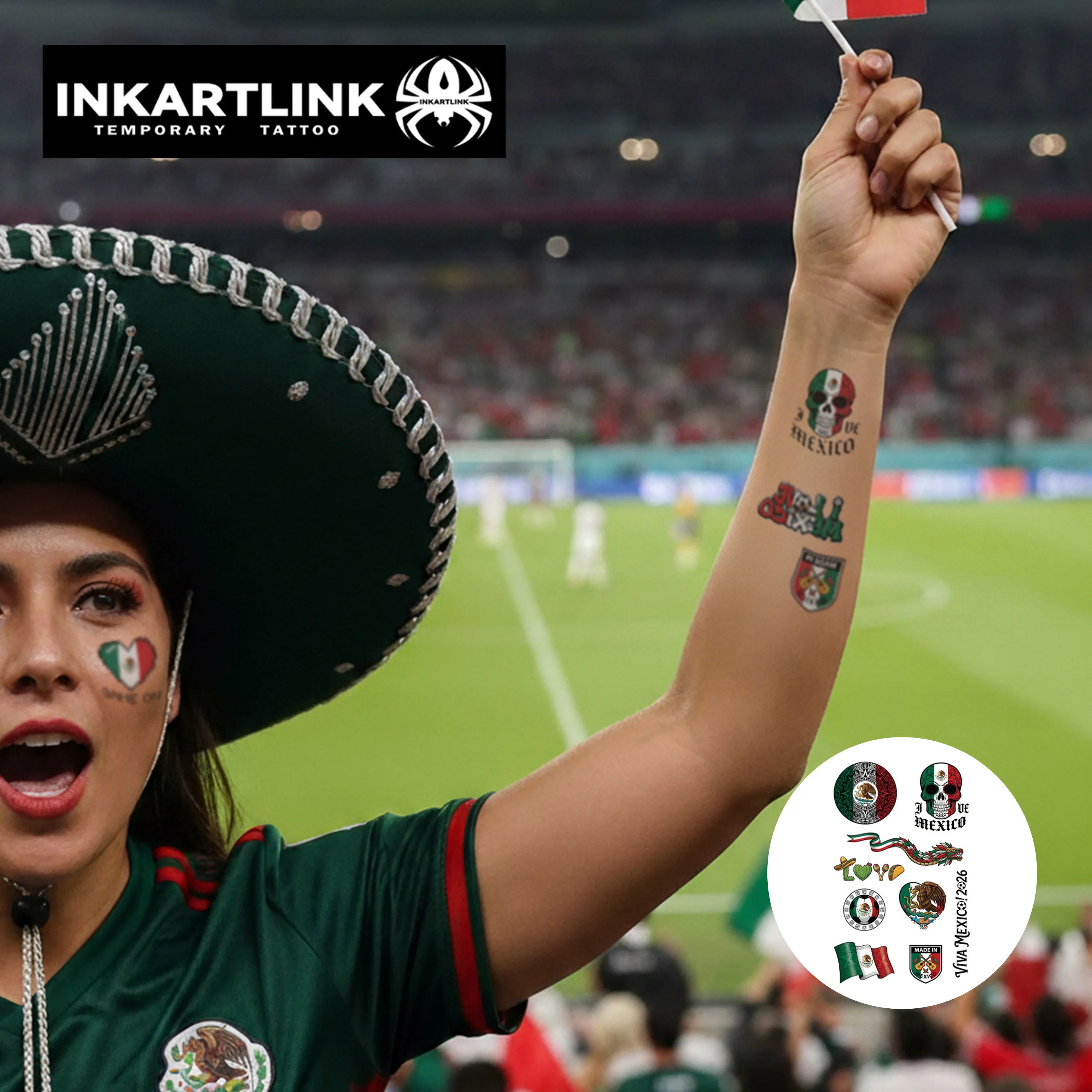 INKARTLINK 1 Set of 3 PCS MEXICO Flag Series Temporary Waterproof Tattoo Stickers, Color Lasts 2-5 Days