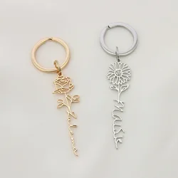 Custom Name Birth Flower Keychain Dainty Personalized Stainless Steel Keyring Fashion Jewelry Christmas Birthday Gift Wholesale