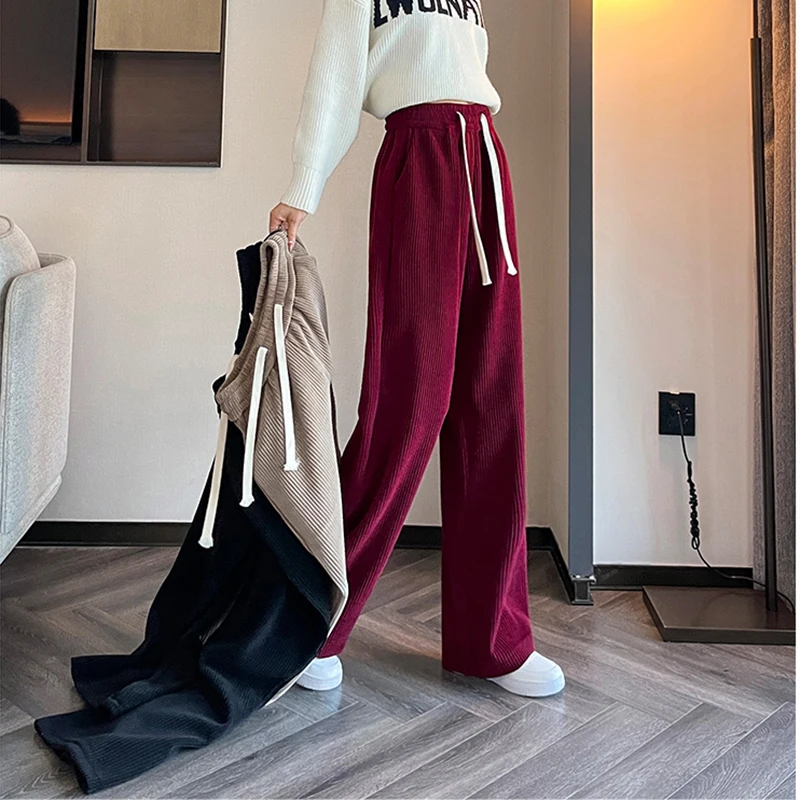 

Gidyq Winter Women Corduroy Pants Vintage Korean Casual Loose High Waist Wide Leg Pants Elegant Female All Match Straight Pants