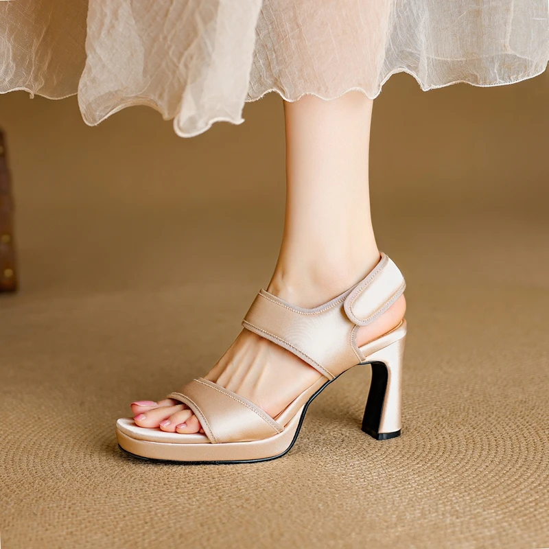 

Women's new summer silk toe exposed thick bottom waterproof table Velcro high heels temperament sexy fashion slippers