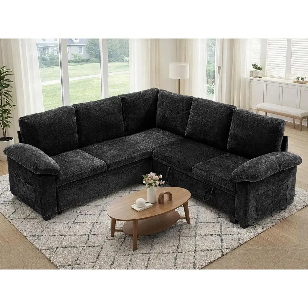 

85 L-Shaped Sectional Sofa Bed with Storage, Pull-Out Couch, Removable Chenille Cover (Black, 5 Seats)