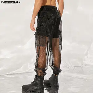 Atmungsfreies Netz von Männern mit Taschen, monochromen Hosen, lässig, sexy, Urlaub, Knopf, siehe bis 2022 8 Hauptverkäufe transparente Herrenhosen - №5