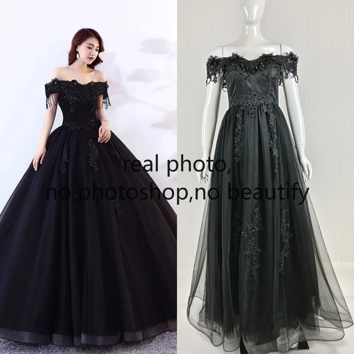 

Real Photo Evening Dress Black Tulle Appliques Beads Off Shoulder Lace up Floor-length Plus size Women Party Formal Ball Gown