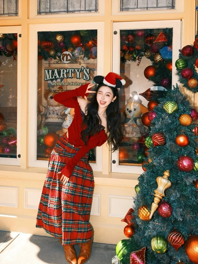 

XZY plus Size Cisas Aosphere Knitted Red Top And Skirt Set Women's Retro Sle Winter Faion Ensemble High Waist A-Lin...