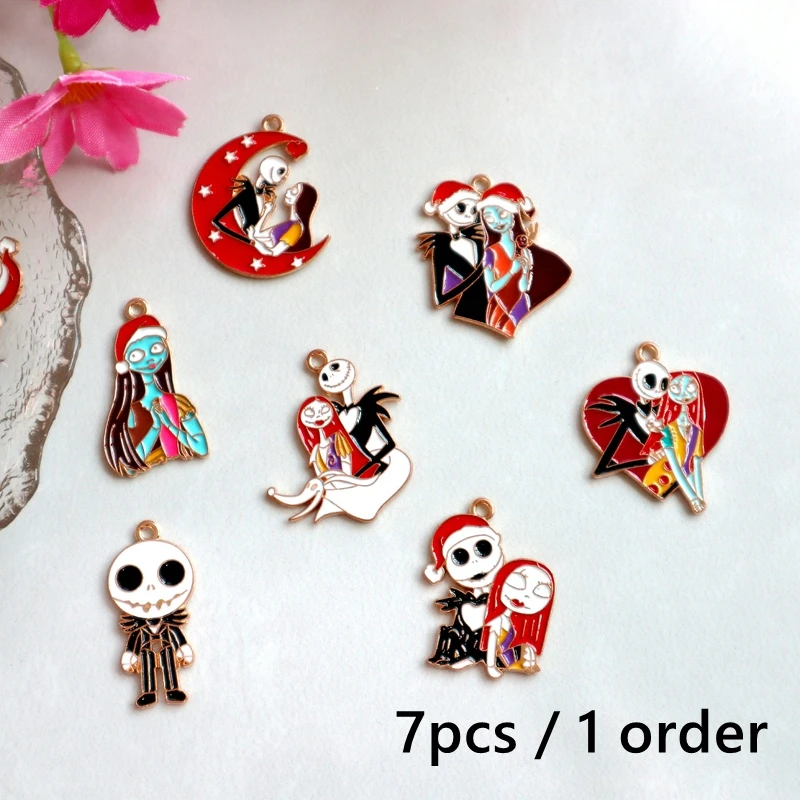 7pcs Larger Halloween Skeleton Alloy Enamel Pendant Love Heart Moon Stars Romantic Metal Charms DIY Jewelry Keychain Accessory