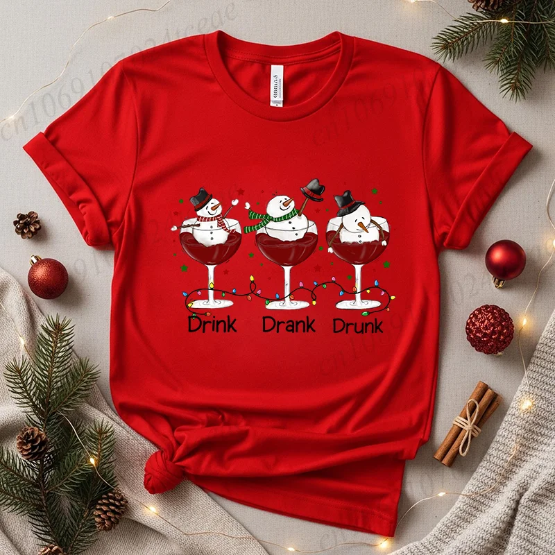 

Drink Drank Drunk Christmas Printed Women's T-Shirts,Wine Lover Christmas Shirts,Funny Snowman Tops,Wine Santa Hat Drinking Tees