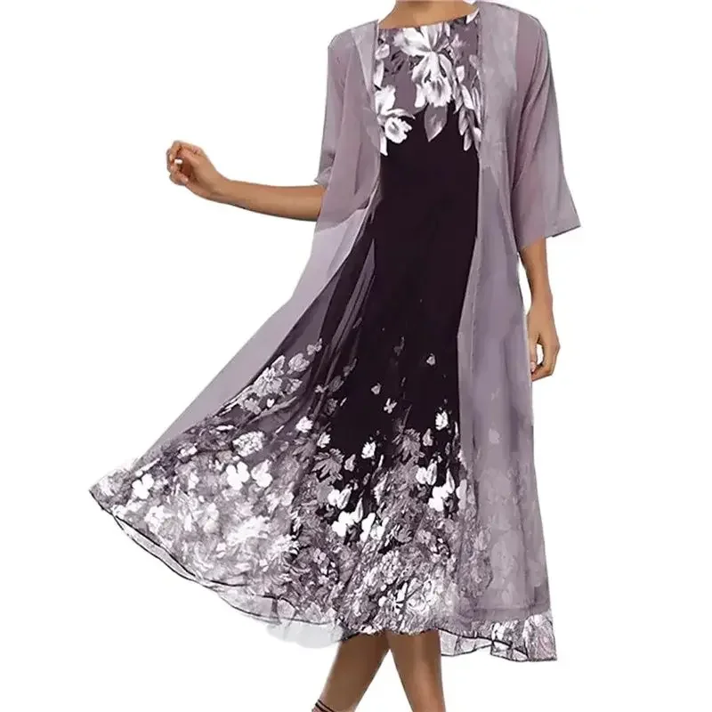 Women Flower Print Dresses See-through Chiffon Mesh Shawl Two Piece Sets Half Sleeve Dress Gown Female Suits Commuter Frock 2024