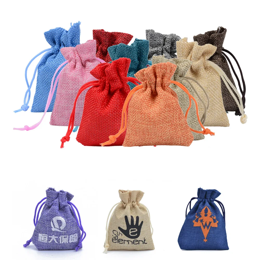 50pcs/lot Burlap Drawstring Linen Bags Jewelry Gift Packaging Pouches for Birthday Wedding Party Customizable Logo Print