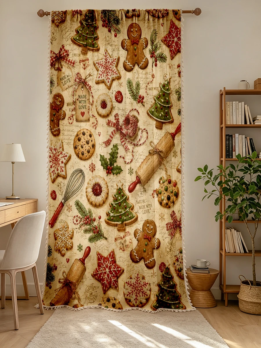 1PC Christmas Winter Tassel Sheer Curtains, Gingerbread Baking, Digital Print, Linen Polyester, Bedroom Living Room, Home Decor