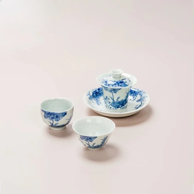 Chinese Hand-Painted Blue and White Kung Fu Tea Set, Household Tea Making Cover Bowl Teacup, High-End Light Luxury