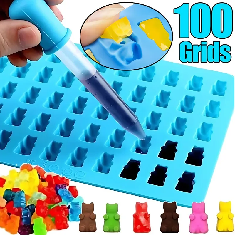 100/50Grids Gummy Bear Mold with Dropper Silicone Jelly Mould DIY Candy Chocolate Dessert Maker Mould Kitchen Tools Baking Mold