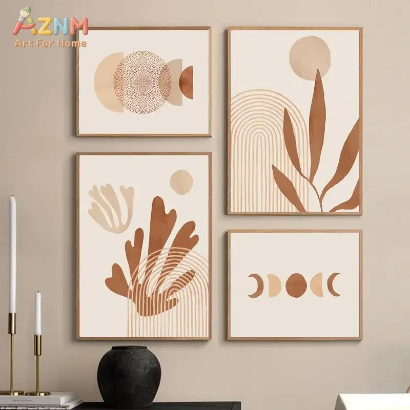 AZNM Boho Abstract Wall Art Canvas Print Unframed Terracotta Leaf Moon Phase Sun Arch Line Painting Neutral Beige Minimalist Dec