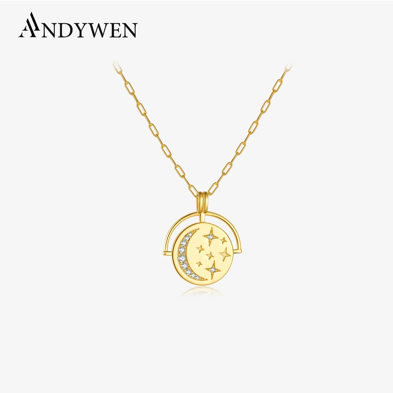 ANDYWEN 925 Sterling Silver Coins Pendant Long Chain Horoscope Necklace Women Luxury Rock Punk Jewelry Luxury Big Star Zircon