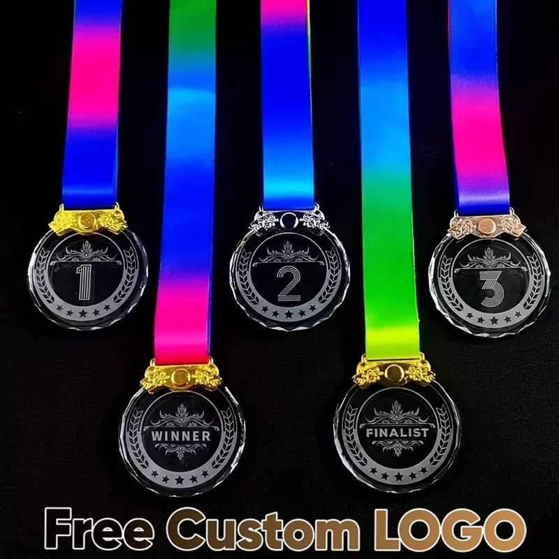 Crystal Medal Free Laser Engraving Champion 1st 2nd 3rd Zinc Alloy Metal Glass Prize Plaque DIY Logo Color Printed with Gift Box