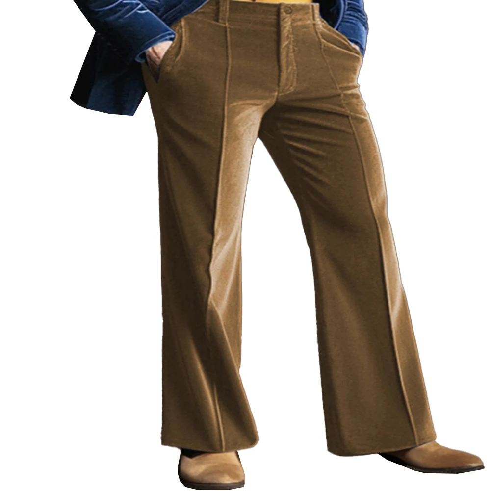 Mens Fashion Stand Pocket Elegant Gold Velvet Seamless Pants Flare Solid Color Strech Trousers Comfortable Full-Length Bottoms