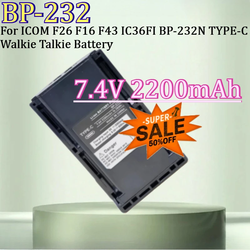 For ICOM F26 F16 F43 IC36FI BP-232N TYPE-C Walkie Talkie Battery New 7.4V 2200mAh BP-232 Type-C USB Li-ion Battery