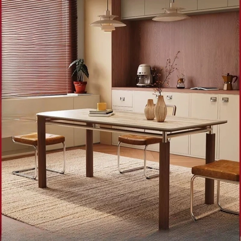 Solid wood dining table rectangular household small apartment 2025 new high-end medieval travertine rock slab dining table