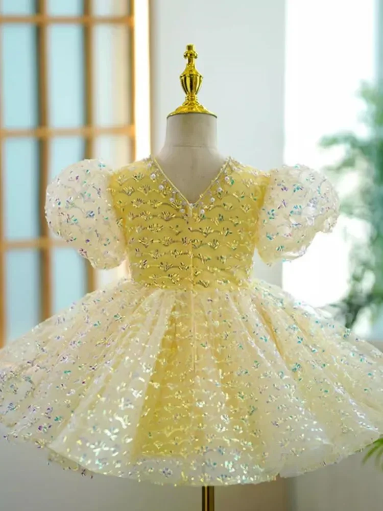 High-End Children's Boutique Evening Gown Sequins Design Kids Catwalk Wedding Birthday Baptism Eid Party Girls Dresses A3588