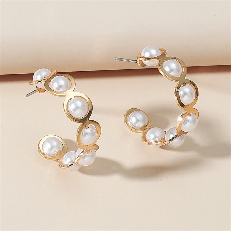 C-shaped Pearl Dangle Earrings for Women Hollow Heart Gold Color Metal Small Round Imitation Pearl Beads Drop Earrings bijoux