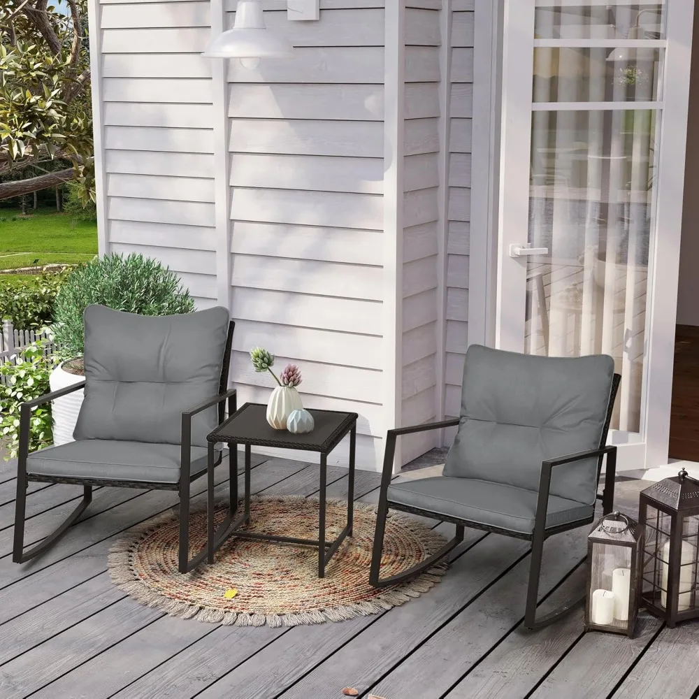 

3 Piece Outdoor Rocking Bistro Set Black Wicker Furniture Porch Chairs Conversation Sets with Glass Coffee Table, Dark Grey