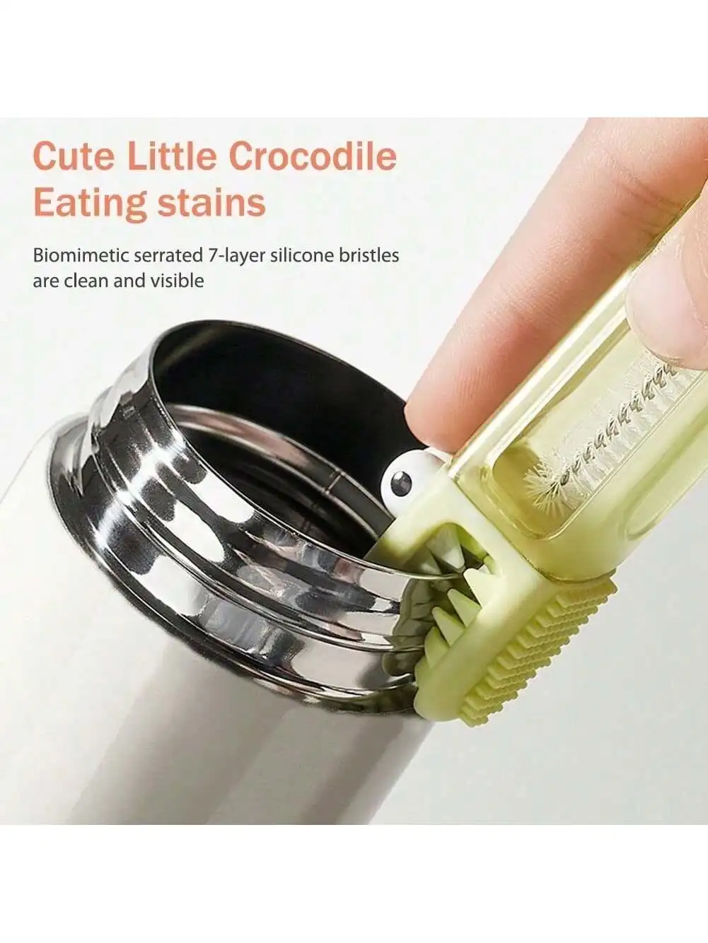 Detail Cleaning Brush for Thermos & Narrow Jars. 17cm Croc Shape, Reaches Deep, Easy Grip