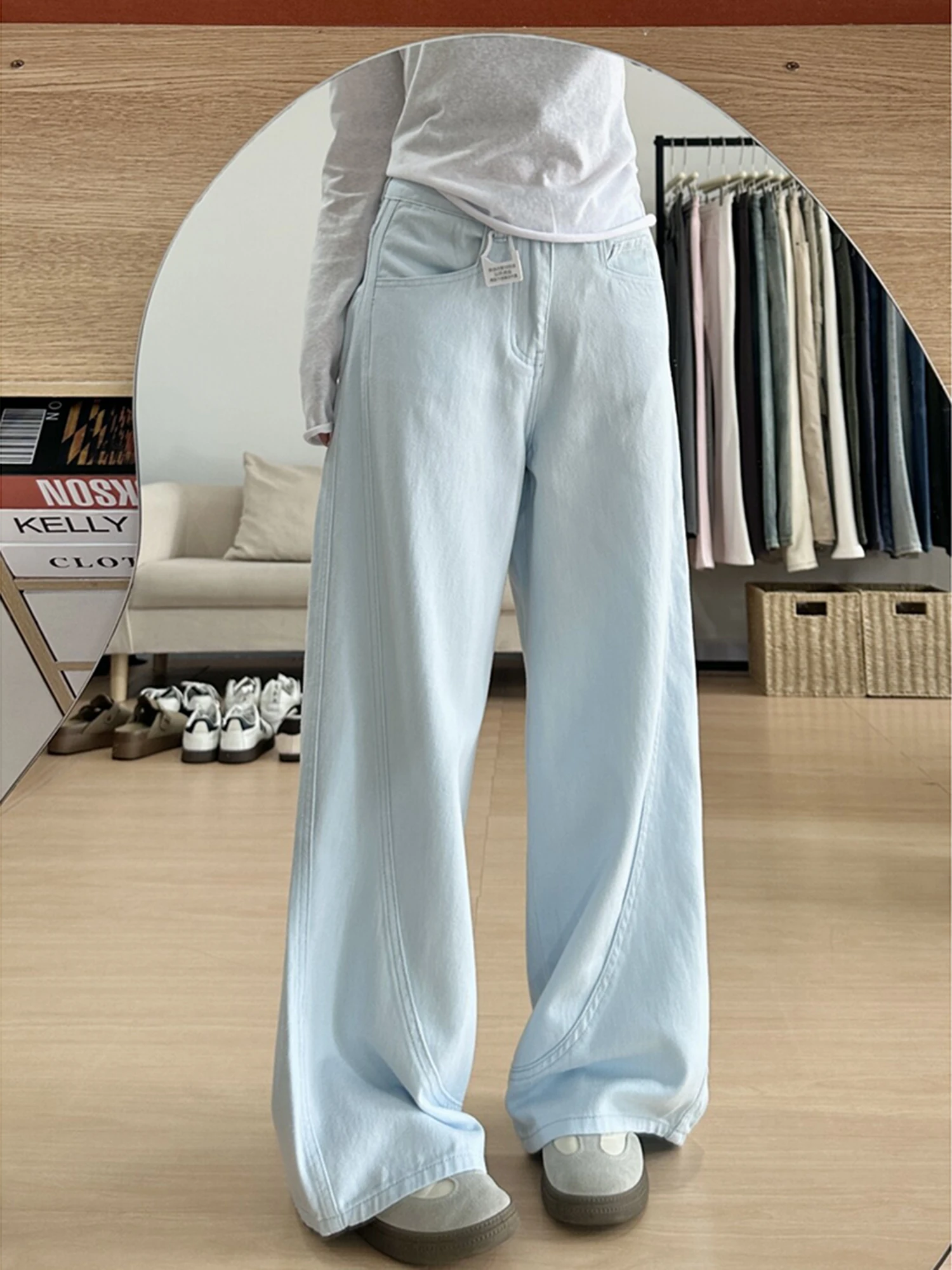 블루 와이드 레그 진 여성용 루즈 스트레이트 컷 슬리밍 하이웨이스트 바지 가을 겨울 봄 시즌 하이웨이스트 와이드 레그...