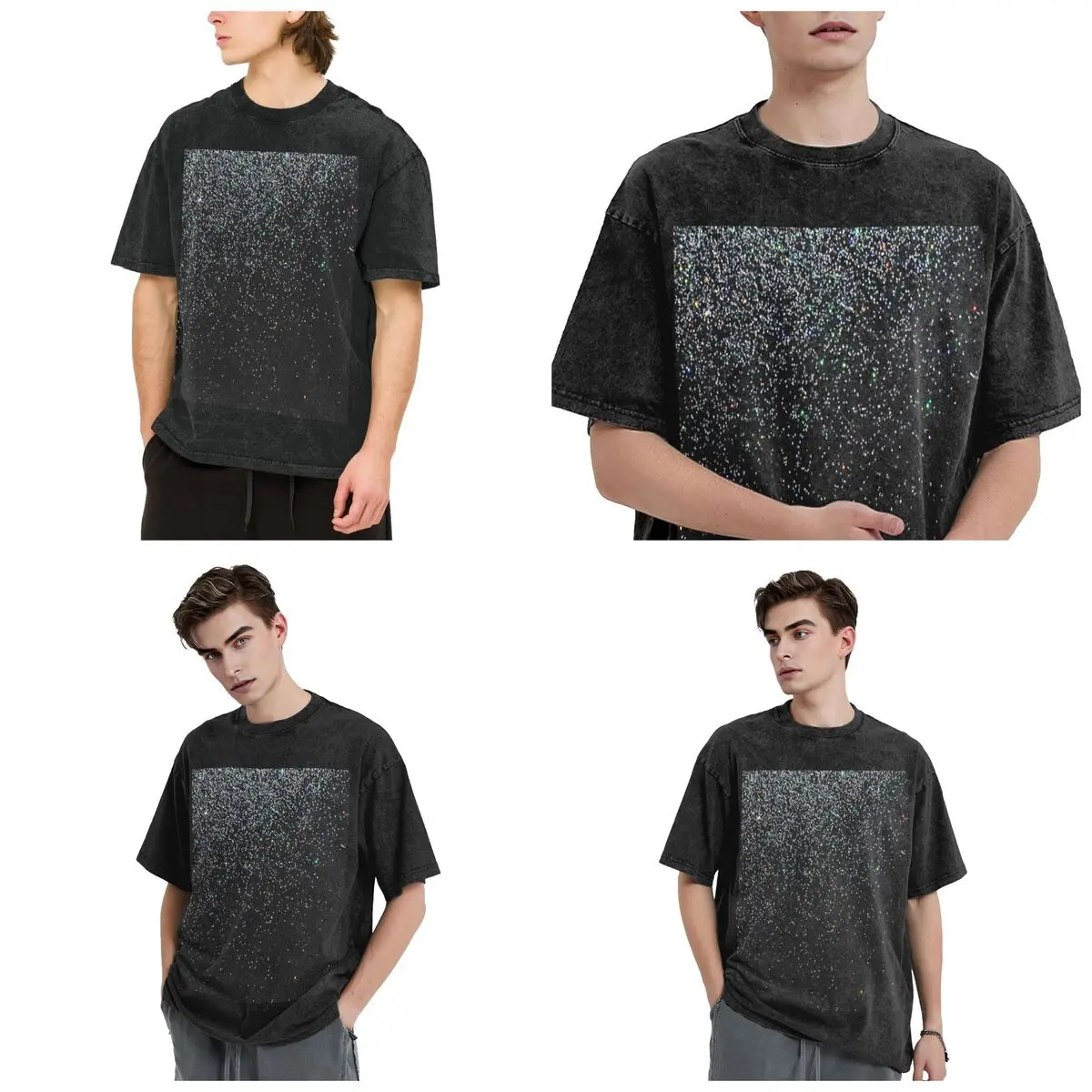 Black Silver Glitter Hip Hop Short Sleeve T-Shirts Washed Tops Tees Streetwear T Shirt Casual for Men Women