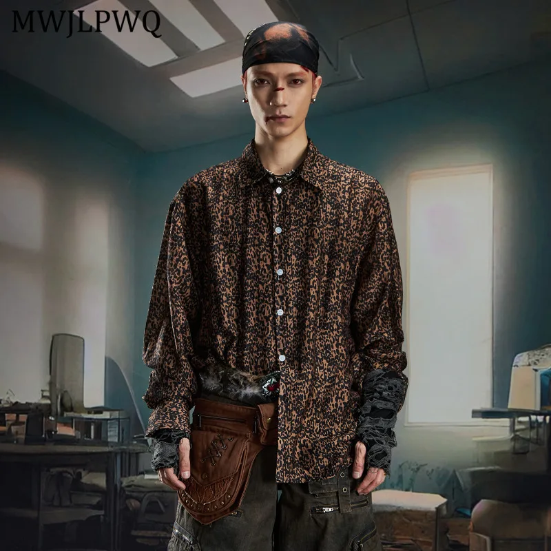 

MWJLPWQ Unique Niche Leopard Print Shirt Men's High Street Lapel Single Breasted Autumn Unisex Trendy Loose Casual Tops 11489