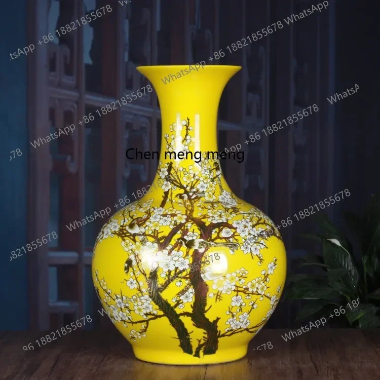 A74Ceramic vase, large enamel color yellow eyebrow appreciation vase, home fashion retro ornament