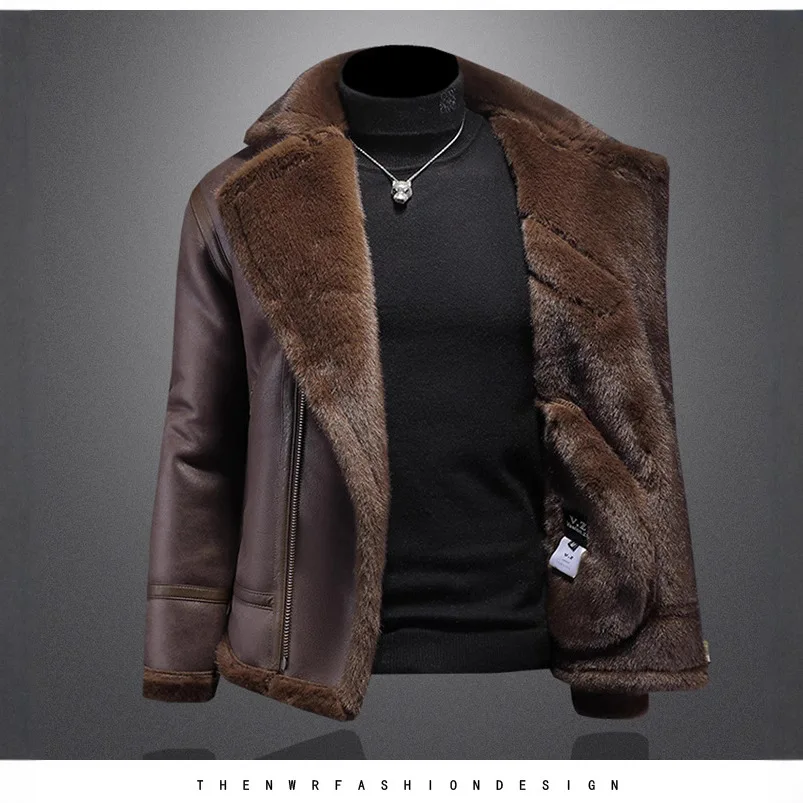 and  integrated men's winter plus plush thick leather jacket short motorcycle suit  coat men's mink jacket