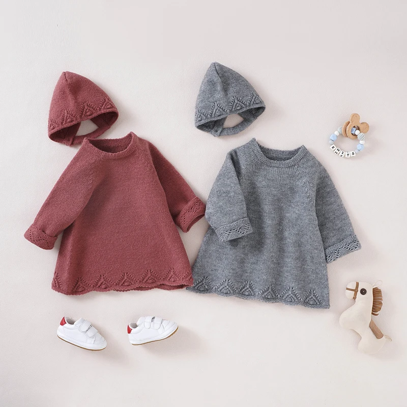 Autumn Baby Sweater Dress Knit Newborn Girl Skirt Long Sleeve Infant Toddler Clothes Hat 2PC Fashion Solid Ruffle Cute Princess