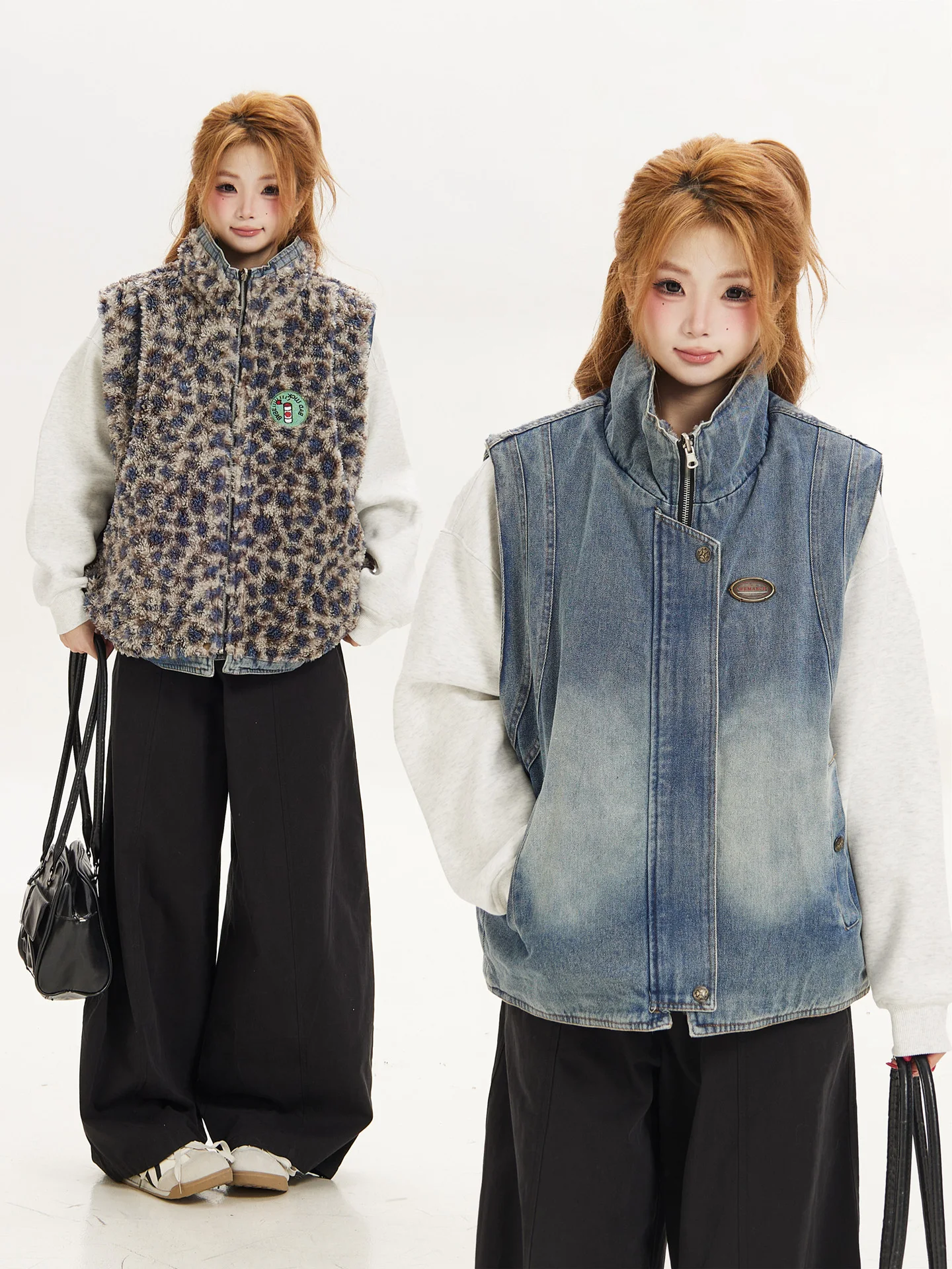 Retro Ant Loose Fit Leopard Print Sleeveless Vest Women's Autumn Winter Fleece Lined Denim Jacket Trendy Brand Casual Wear