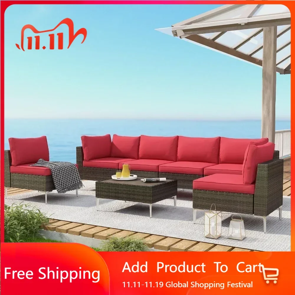 

Outdoor Patio Furniture Set,Wood Plastic Composites Table,7Pieces Outdoor Sectional Sofa PE Rattan Wicker Patio Conversation Set