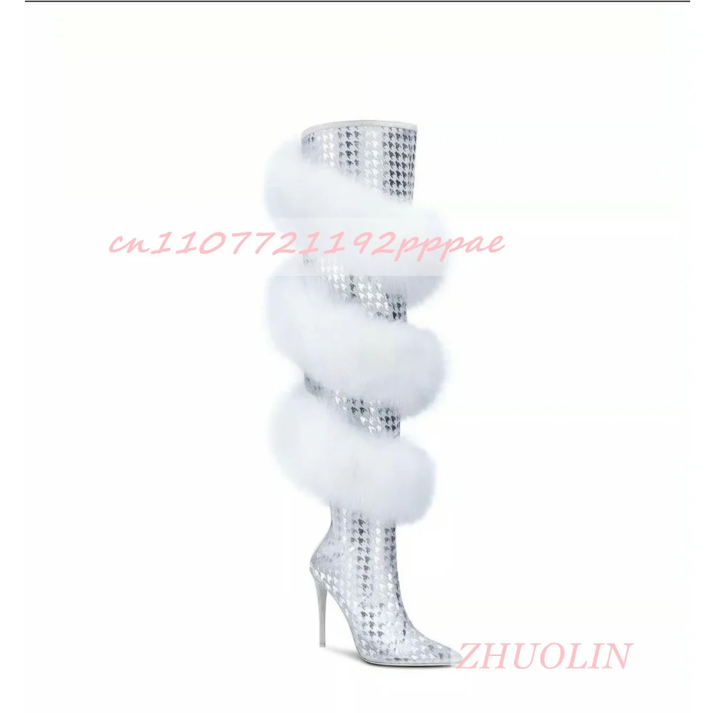 White Fur Wrapped Transparent Over-The-Knee Boots Sexy Pointed Stiletto Zipper Long Boots Trendy Luxury Party Wedding High Heels